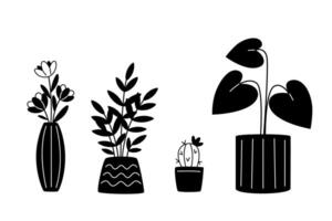 reeks van binnen- planten in modern potten, zwart en wit illustratie vector