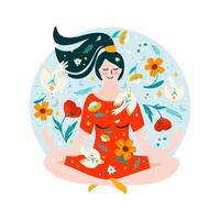 illustratie met vrouw aan het doen yoga, bloemen en vogels. vector ontwerp concept voor Internationale Dames s dag en andere gebruik