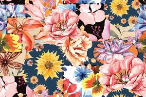 naadloos patroon van zonnebloem en bloeiend bloemen geschilderd in waterverf Aan abstract achtergrond.voor kleding stof luxueus en behang, wijnoogst stijl.hand getrokken botanisch bloemen kleurrijk patroon. vector