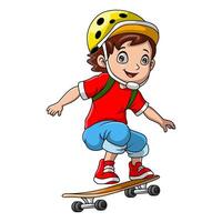 schattig weinig jongen tekenfilm spelen skateboard vector