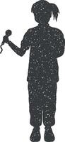meisje met microfoon silhouet icoon vector illustratie in postzegel stijl