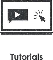 laptop, toespraak, Klik, tutorials vector icoon illustratie met postzegel effect