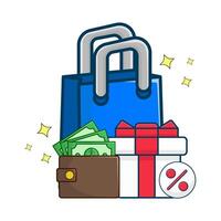 boodschappen doen tas, geschenk doos uitverkoop met geld in portemonnee illustratie vector