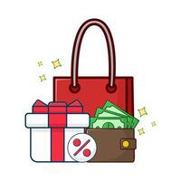boodschappen doen tas, geschenk doos uitverkoop met geld in portemonnee illustratie vector