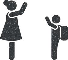 moeder, kind, mooi zo doei, school- icoon vector illustratie in postzegel stijl