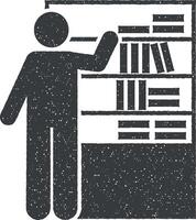 bibliotheek, leerling, boek icoon vector illustratie in postzegel stijl
