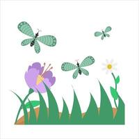 vlinder in bloem met gras illustratie vector