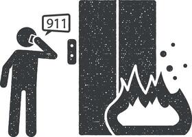 Mens telefoontje over brand in lift icoon vector illustratie in postzegel stijl