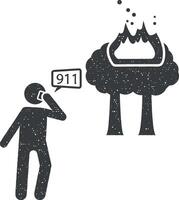 vuur, telefoongesprek, Mens, bomen icoon vector illustratie in postzegel stijl