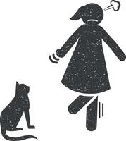 vrouw, kat, bang icoon vector illustratie in postzegel stijl