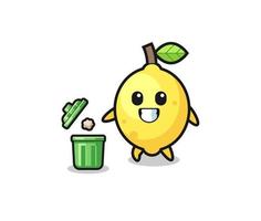 illustratie van de citroen die afval in de vuilnisbak gooit vector