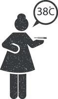 vrouw, koorts, meisje, ziek, ziek icoon vector illustratie in postzegel stijl