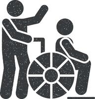 rolstoel helpen gehandicapten icoon vector illustratie in postzegel stijl