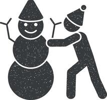 Mens maakt een sneeuwman icoon vector illustratie in postzegel stijl