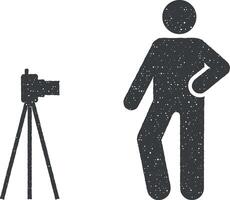 camera, Mens, houding, afbeelding pictogram icoon vector illustratie in postzegel stijl