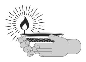 Holding diwali olie lamp tekenfilm menselijk handen schets illustratie. draag- vlam geestelijk 2d geïsoleerd zwart en wit vector afbeelding. festival van lichten Hindoe vlak monochromatisch tekening klem kunst