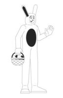 Koreaans Mens in Pasen konijn kostuum zwart en wit 2d lijn tekenfilm karakter. grappig dier pak vent geïsoleerd vector schets persoon. konijn mascotte Holding mand monochromatisch vlak plek illustratie