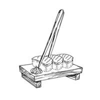 vector illustratie van Japans voedsel thema met sushi, sashimi, wasabi Aan houten bord en eetstokjes, hand- getrokken geïnkt monochroom schetsen van zeevruchten geïsoleerd Aan wit achtergrond