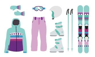 meisje ski-uitrusting kit kleding vectorillustratie. extreme wintersport. ski's instellen. vakantie, activiteit of reizen sport berg koude recreatie. vector