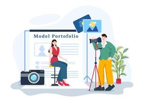 model- portefeuille vector illustratie met modellering agentschap manager en fotograaf nemen foto's van model- in platform vlak tekenfilm achtergrond ontwerp