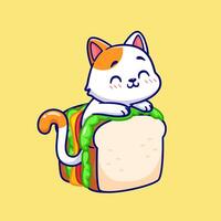 schattig kat in belegd broodje tekenfilm vector icoon illustratie. dier voedsel icoon concept geïsoleerd premie vector. vlak tekenfilm stijl