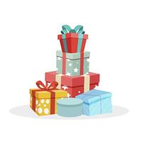 hoop van cadeaus in feestelijk verpakking. stapel geschenkdozen voor Kerstmis boom. vector stapel verjaardag doos in gekleurde wikkel illustratie
