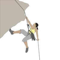 mooi meisje beklimmen naar steen. hobby riskant, atletisch actief sport, streven naar succes bovenkant, opleiding sport met adrenaline, Gevaar klimmen, vector illustratie