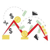 financieel crisis en failliet, recessie en verminderen tabel van financiën. vector, illustratie. aflopend grafiek, verlies van besparingen, bedrijf faillissement, afwijzen van de dollar valuta vector