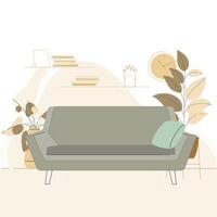 leven kamer modern interieur met sofa , vlak tekenfilm ontwerp. vector leven kamer meubilair en muur met plank en boeken illustratie