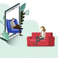 psychotherapie online, hulplijn depressie, gesprek overleg plegen en psychologisch helpen. mentaal welzijn, online hulplijn door psycholoog, vector illustratie