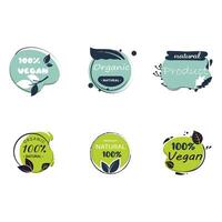 hand- getrokken eco etiketten naar vegetarisch en eco voedsel. natuur ecologie veganistisch logo, voeding sticker bio, vegetarisch voedsel etiket met belettering. vector illustratie