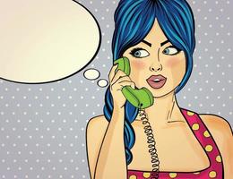 verrast pop-art vrouw chatten op retro telefoon. komische vrouw met tekstballon. pin-up girl vector