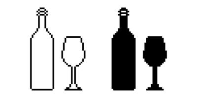 pixel kunst wijn fles met wijn glas icoon reeks vector
