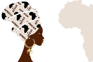 banier van Afrikaanse vrouw in etnisch tribal tulband Afrikaanse en de kaart van Afrika. vector silhouet van traditioneel zwart Dames met goud oorbel, geïsoleerd Aan wit achtergrond, kopiëren ruimte voor uw tekst