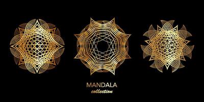 reeks gouden mandala, abstract meetkundig technologisch cirkels, wireframe logo bedrijf concept vector luxe bundels, heilig geometrie in ronde goud folie lijnen geïsoleerd Aan zwart achtergrond