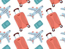 naadloos patroon van reizen accessoires. accessoires voor kust vakantie, koffers, Tassen, bagage, vliegtuig. vlak vector illustratie.