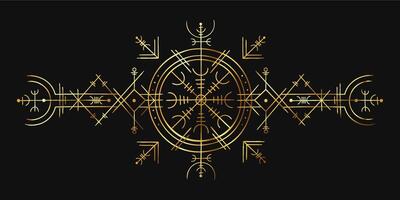 viking magie symbool. gouden esoterisch ornament, norse kompas amulet. nordic heidens- spellen rune voor tatoeëren. occult goud cirkel vector patroon