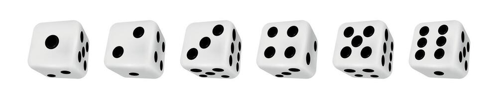 realistisch 3d casino rollend Dobbelsteen tonen getallen een naar zes. bord spel kubussen spelen varianten. het gokken Dobbelsteen rollen, craps Gooi vector reeks