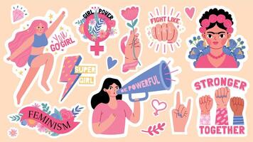 tekenfilm stickers met feminisme symbool en citaat, meisje stroom. Dames rechten activist. frida kahlo. feministisch sterk vrouw karakter vector reeks