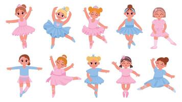 tekenfilm ballerina prinsessen, schattig meisjes dansers karakters. meisje in tutu jurk en kroon. ballet klasse studenten in dans poses vector reeks