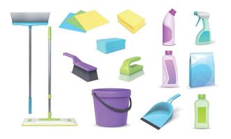 realistisch 3d huis schoonmaak hulpmiddelen, bezems, dweilen en emmer. huishouden schoonmaken en schotel het wassen chemisch producten, vodden en sponzen vector reeks