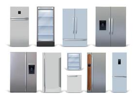 realistisch 3d huishouden en industrieel koelkasten modern ontwerpen. keuken koelkasten en Scherm koelers. metalen koelkast machine vector reeks