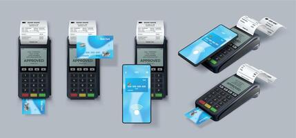 realistisch zonder contant geld betaling met pos terminal, credit kaart en telefoon. bank transactie elektronisch betalen machine met gedrukt bon vector reeks