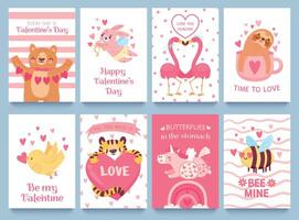 valentijnsdag kaarten met schattig dieren. posters voor Valentijn dag met tekenfilm konijn, eenhoorn, flamingo en bij. dieren met harten vector reeks