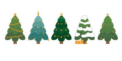 verzameling versierde kerstbomen, dennen voor wenskaart, uitnodiging, banner, web. nieuwjaar en kerst traditionele symboolboom met slingers, gloeilamp, ster. winter vakantie. vector