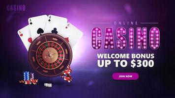 online casino, paarse banner met aanbieding, knop, symbool met gloeilampen, casino roulette, pokerfiches en speelkaarten. vector
