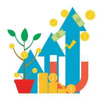 attractie geld en groei boom munt, groeit hoofdstad. vector illustratie. bedrijf investering, succes geld groeit concept, besparing munteenheid, rijk idee, begroting groeien, goud fabriek