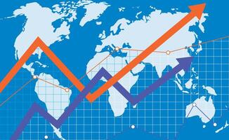 wereld toenemen economisch, omhoog neiging pijl, stier markt, globaal ontwikkeling. vector illustratie. globaal wereld economie, bank diagram, handel gegevens grafisch, kaart prijs, voorraad statistieken