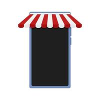 smartphone op te slaan kleinhandel met gestreept luifel rood wit. vector mockup ui, mobiel sjabloon vitrine, mobiele telefoon scherm met luifel met plaats voor informatie artikelen, website lay-out geïsoleerd illustratie