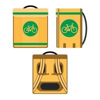 doos van koerier voor snel levering en houden warm, eco Verzending door fiets. vector illustratie. goederen modern bezorging, fiets rijden persoon, vervoer onderhoud fiets concept, restaurant rit